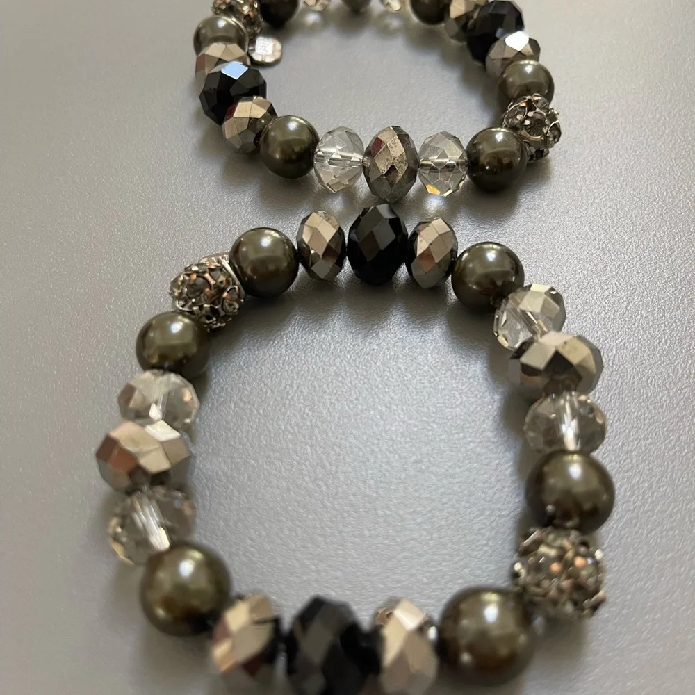 2 Beaded Stacking Bracelets with Black, Silver, Hematite, Rhinestone